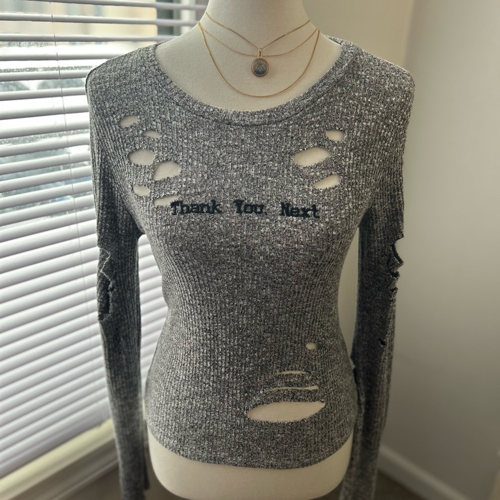 Gray Distressed Sweater with 'Thank You Next' Graphic